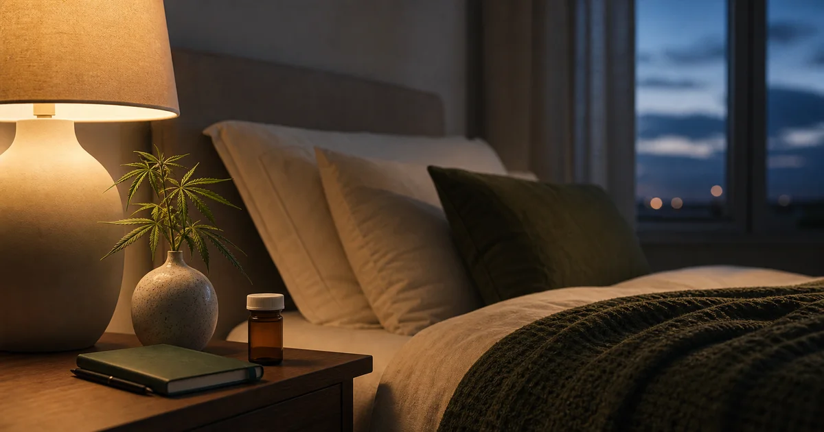 A calm bedroom at dusk with a sleep journal and an unbranded prescription container.