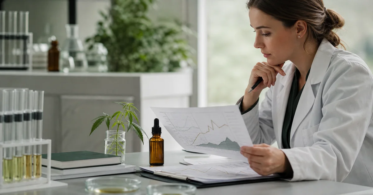 A clinical researcher reviews anonymised trial charts beside an amber CBD sample bottle.