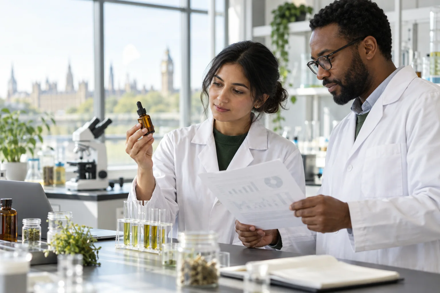 Two food-science researchers examining an unbranded amber dropper bottle and analytical results in a bright laboratory