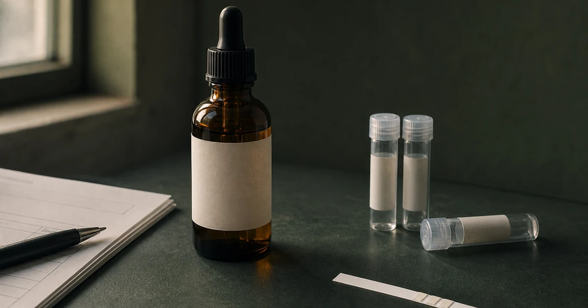 Amber CBD bottle beside laboratory sample tubes and a workplace testing form