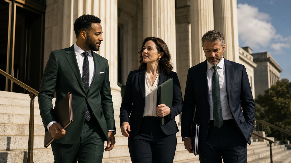 A diverse group of policy and legal professionals leaving a bright government hearing building after a cannabis rescheduling session