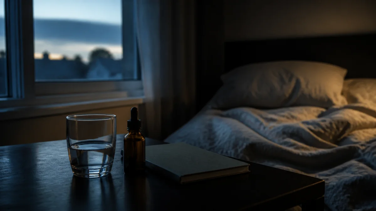 An unbranded amber oral-medicine bottle and a glass of water beside an unmade bed before dawn