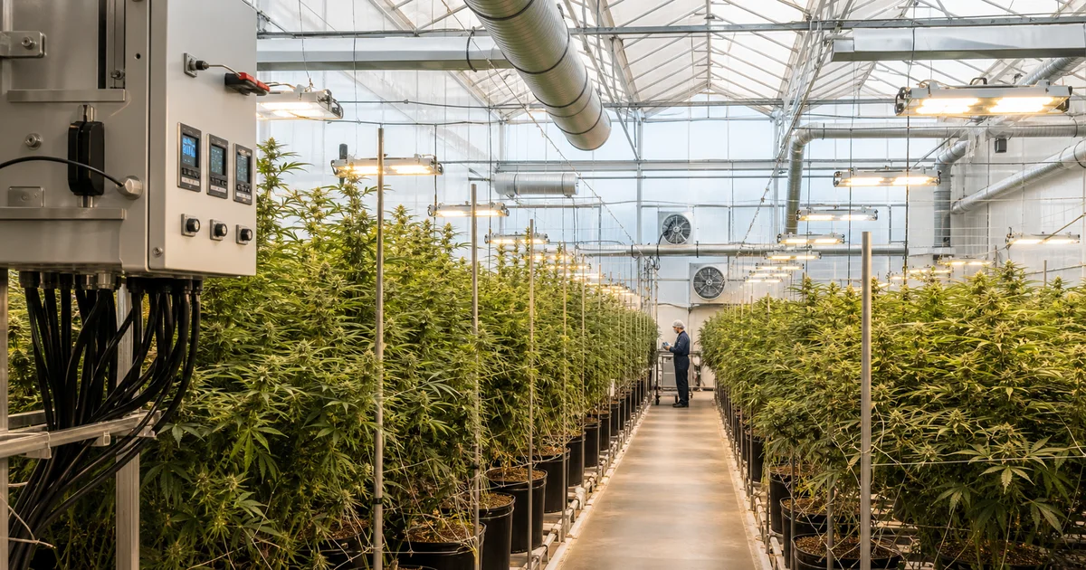 A regulated cannabis greenhouse showing LED lighting, ventilation and energy controls.