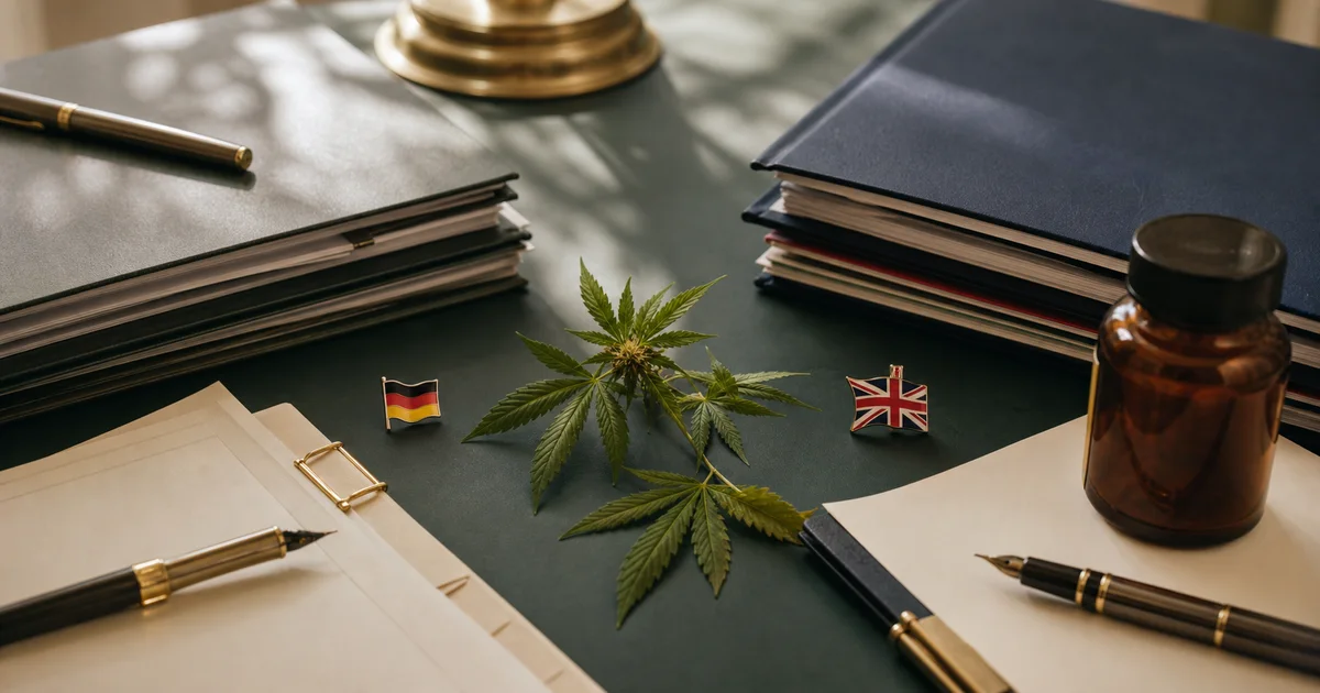 German and British flag pins beside policy folders, prescription paperwork and a cannabis specimen.