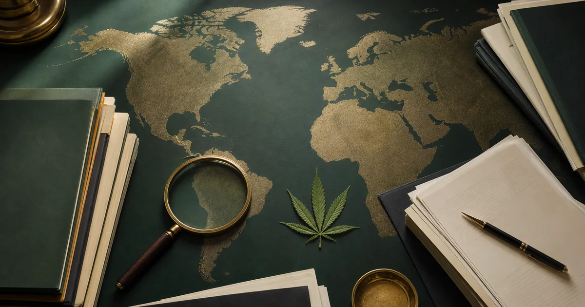A world map surrounded by policy folders, papers and a restrained cannabis motif.