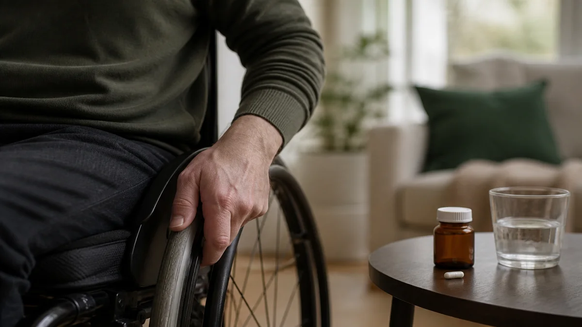 A wheelchair user beside an unbranded medicine bottle, capsule and glass of water in a quiet home