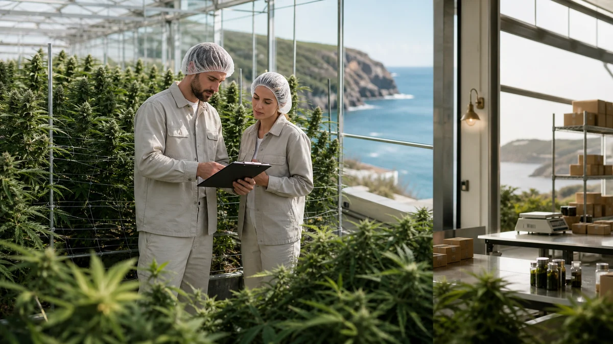Workers in a bright modern medicinal-cannabis greenhouse near Jersey’s coast preparing plants for a regulated production facility