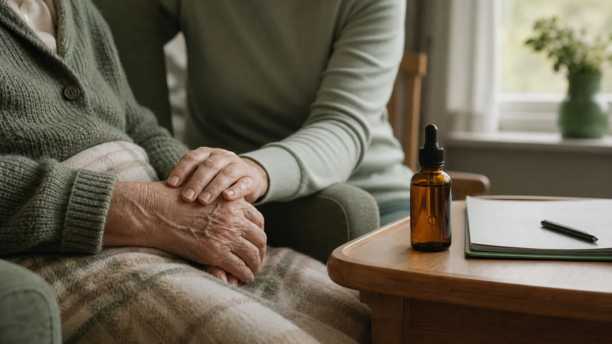 An older adult holding a caregiver's hand beside an unbranded oral-medicine bottle in a quiet care room