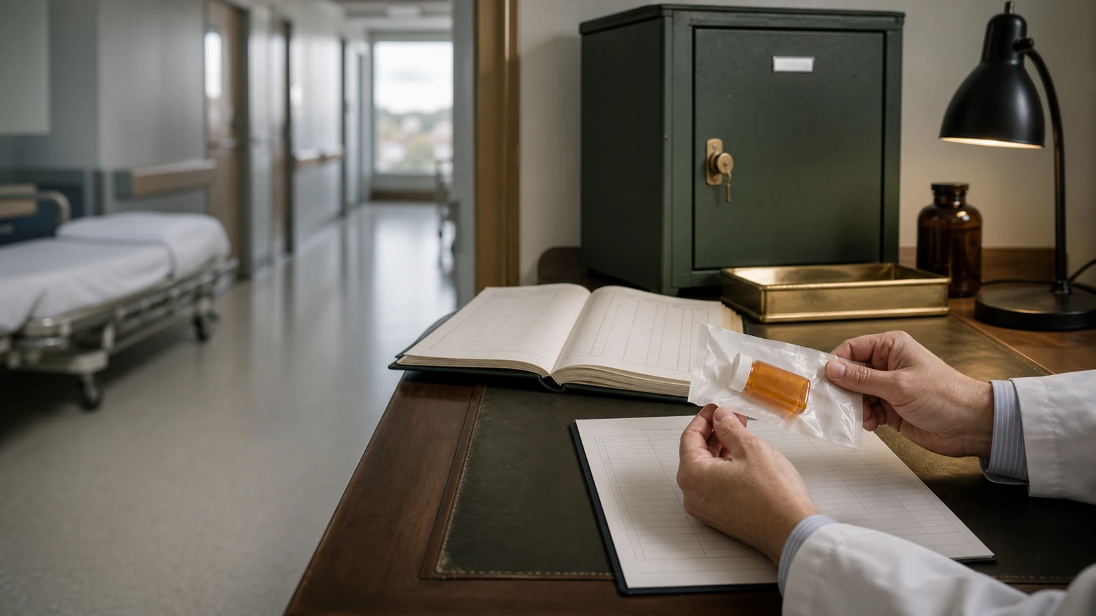 Hospital pharmacist checking an unbranded medicine container beside a controlled-drug cabinet