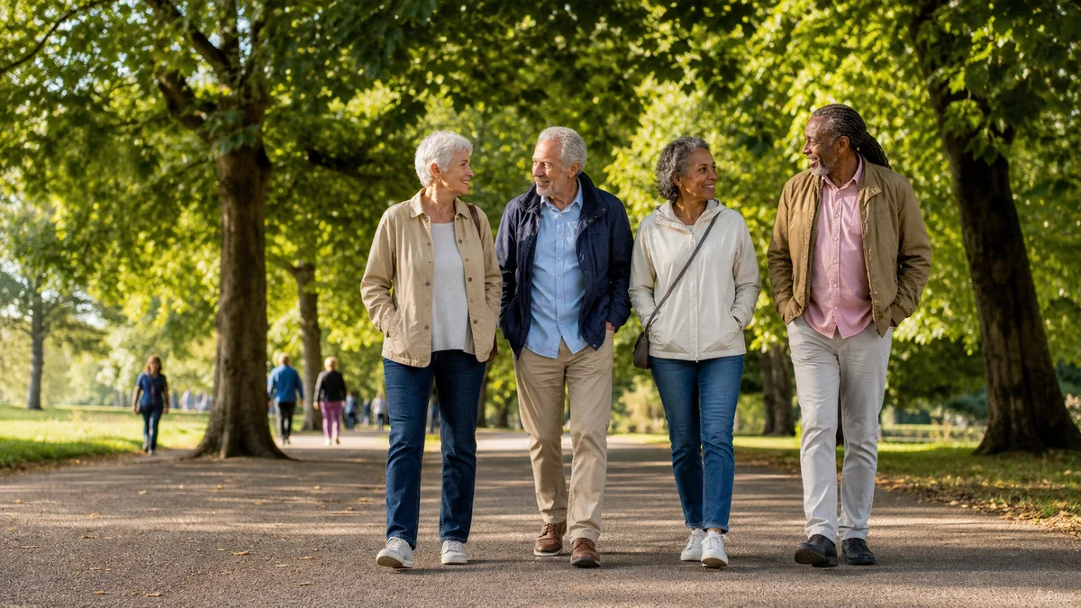 Two older adults walking confidently with friends through a bright public park on a clear morning