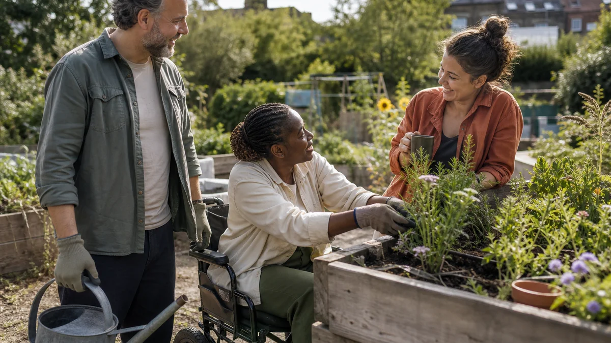 Three adults gardening and talking together in a sunny community allotment, including a wheelchair user tending a raised planter