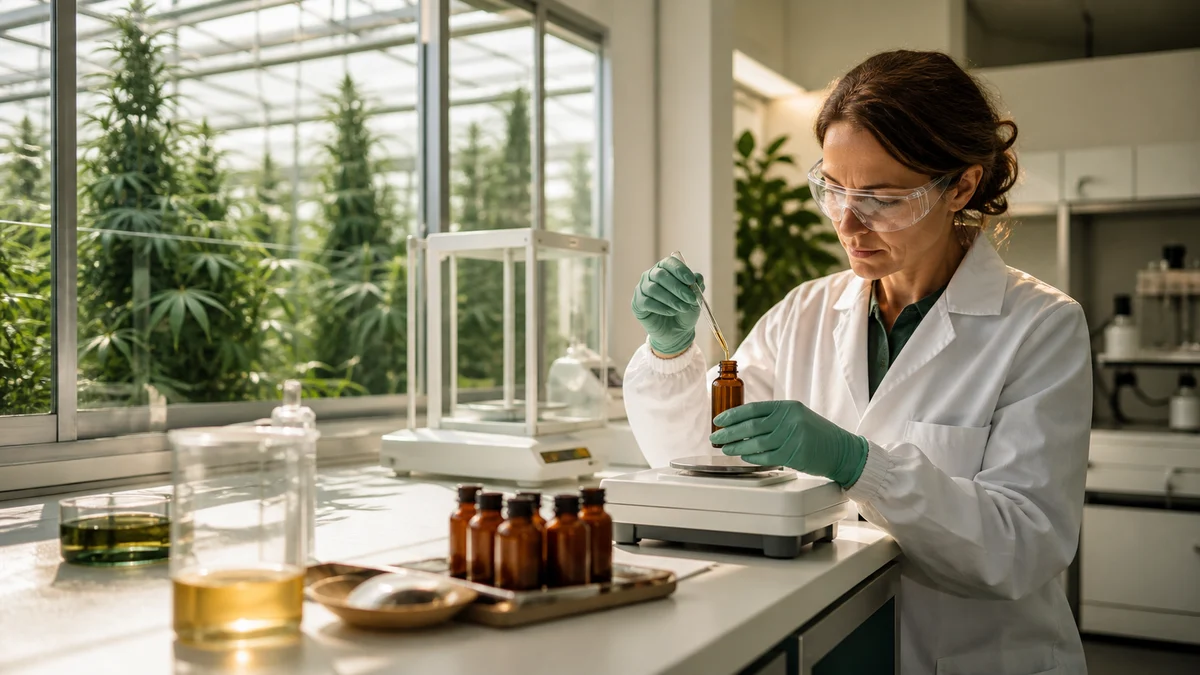 A pharmaceutical scientist preparing an amber oral medicine in a bright quality-control laboratory with a medicinal greenhouse visible beyond