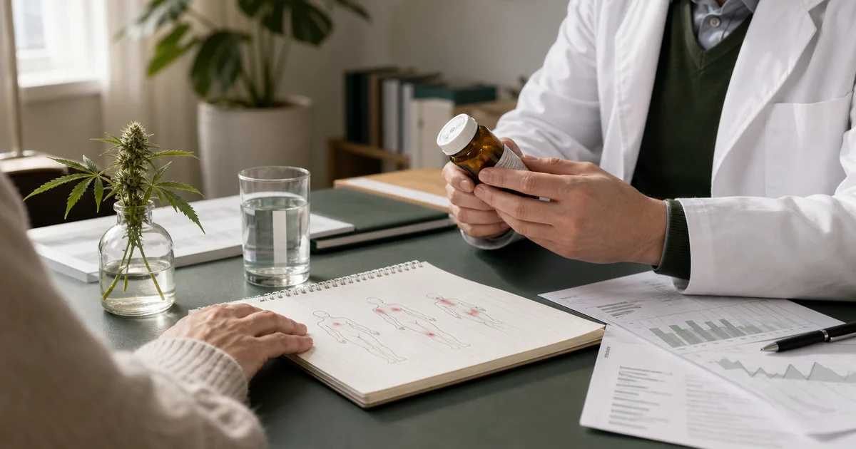 A clinician discusses a pain assessment and prescribed medicine with a patient.