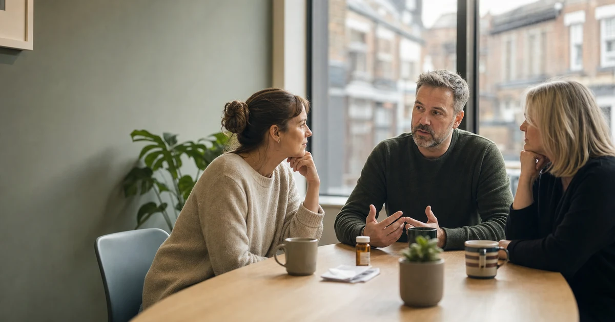 Three adults discuss prescribed treatment around a table in a British community setting.