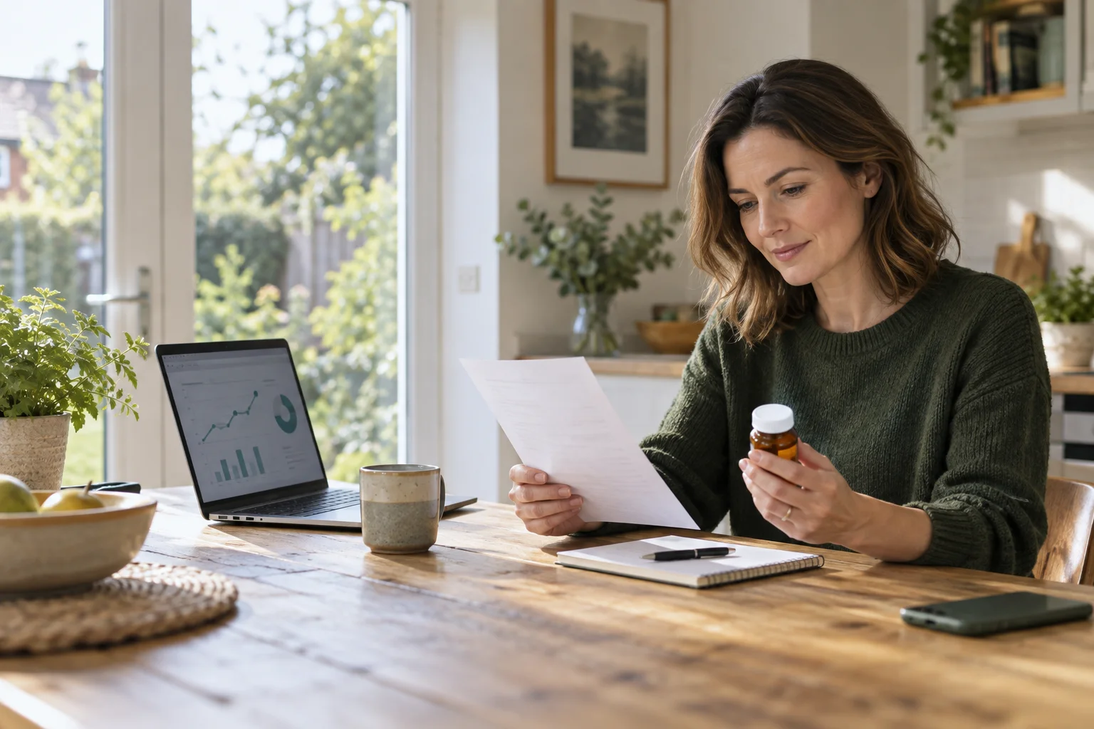 A patient reviewing a prescription beside an amber medicine container and a laptop showing an abstract data chart