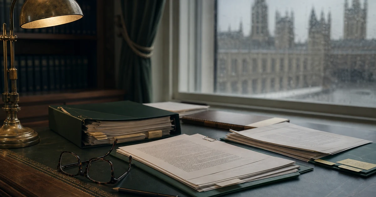 Policy papers and evidence files arranged on a desk near the UK Parliament