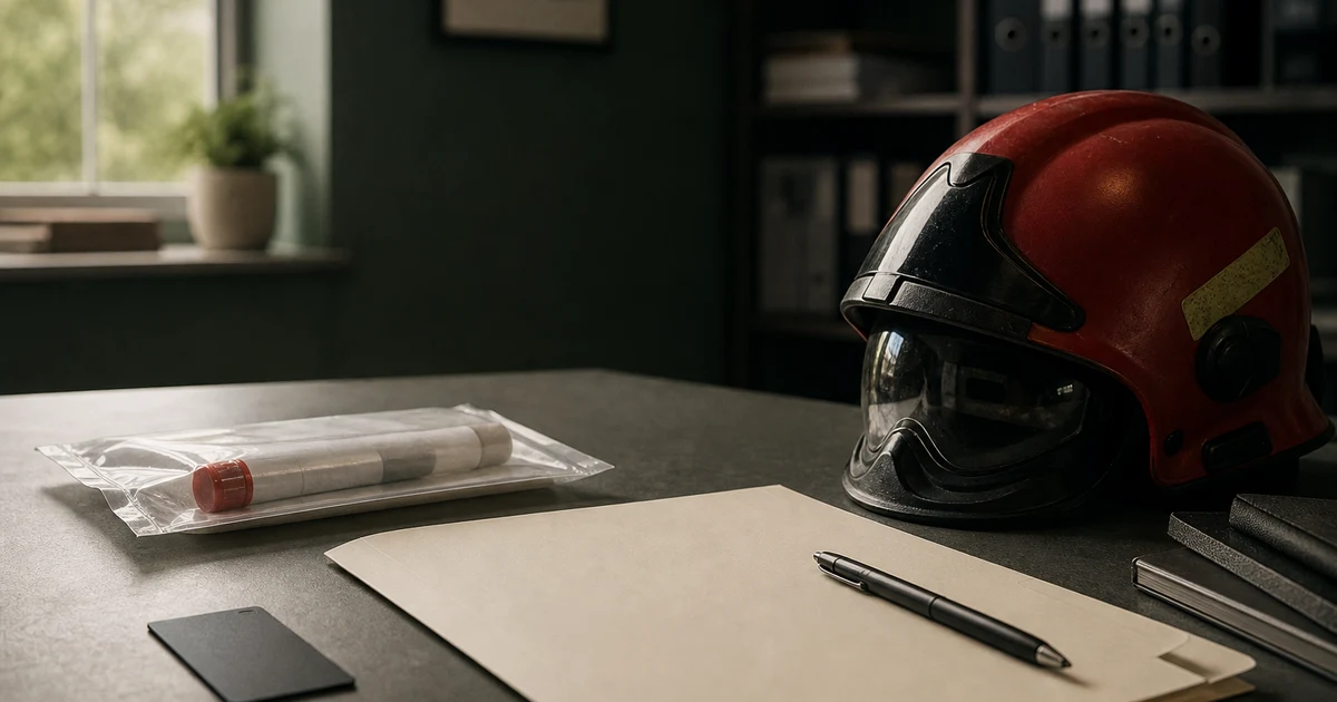 Safety helmet, occupational health file and laboratory sample kit on a clean desk